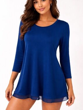 Marled Navy Blue Scoop Neck Long Sleeve Lace Underlay Super Soft Tunic Top (S)